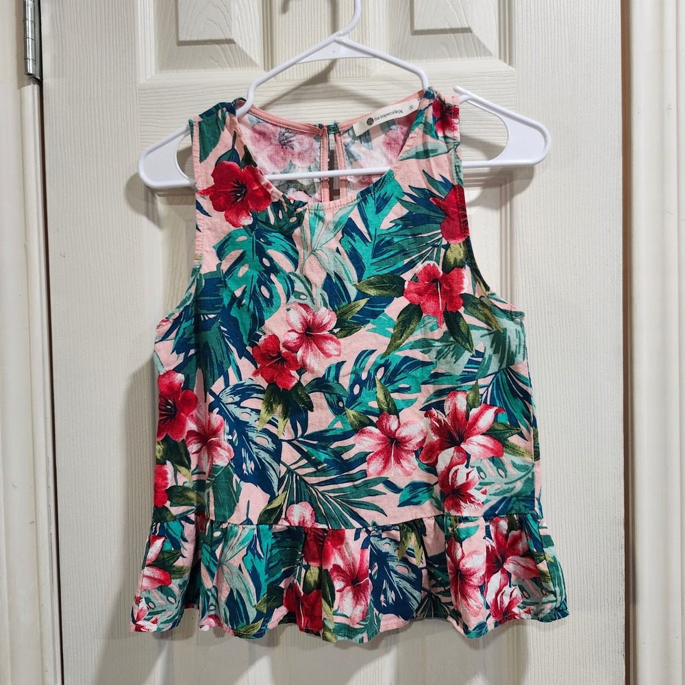 The Impeccable Pig Tropical Floral Peplum Top Pink Linen Blend Small T12583